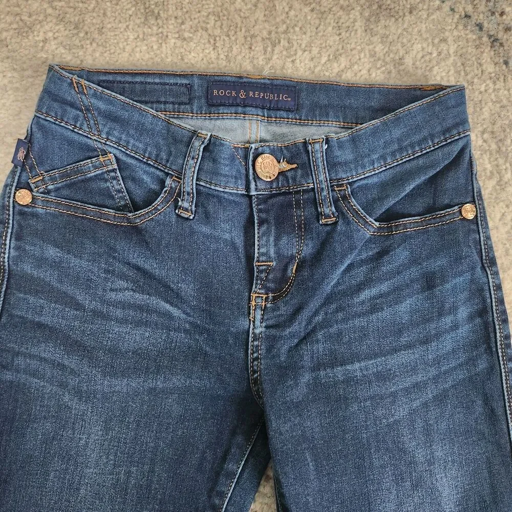 Rock & Republic Womens Size 4 Berlin Embroidered Pockets Blue Straight Jeans